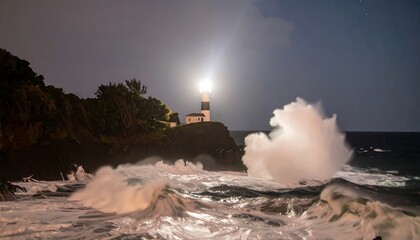 A lighthouse at night, powerful waves crashing against the rocky shore