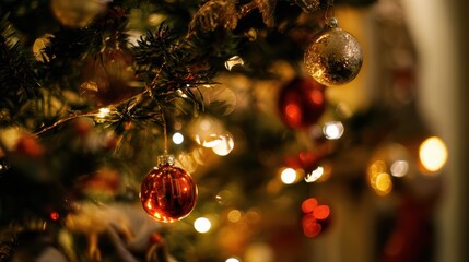 Festive evergreen with glowing baubles and lights, suitable for seasonal marketing, greeting cards, or home decoration concepts.