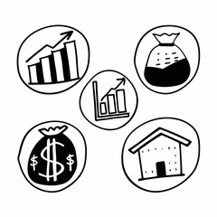 Hand drawn finance and investment icons set, representing growth
