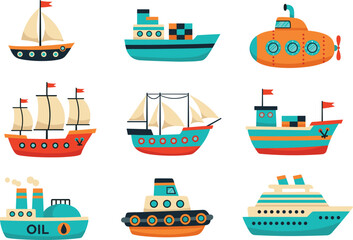 Colorful cartoon ships, submarines, sailboats, oil tankers, cargo vessels, and cruise liners illustration, marine transportation vector collection for nautical design projects