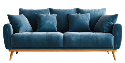 Teal blue velvet sofa with light-wood legs