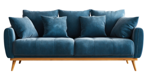 Teal blue velvet sofa with light-wood legs