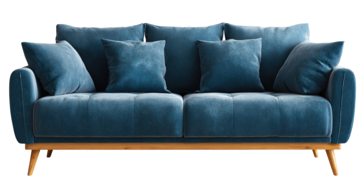 Teal blue velvet sofa with light-wood legs