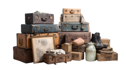 Vintage suitcases and belongings, stacked high