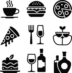 Diverse Culinary Collection Featuring Coffee, Burger, Pizza, Utensils, Salad, Cake, and Wine Displayed in a Grid Arrangement for Food Enthusiasts