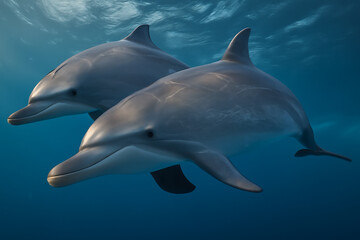 Fototapeta premium Two dolphins swimming together in the ocean capturing the grace of marine life