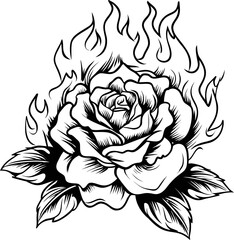 Flaming rose tattoo design with bold black lines in an artistic sketch style. Vector illustration