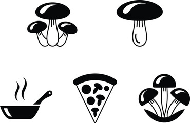 Culinary Icons Showcasing Mushrooms a Pizza Slice and a Steaming Frying Pan with Simplistic Bold Line Art