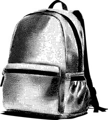 Black and white halftone illustration of a backpack, pop art style design. Vector illustration
