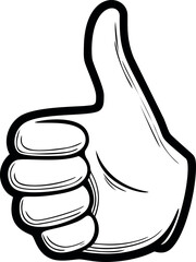 Black and white illustration of a thumbs up hand gesture, minimalistic sketch art. Vector illustration