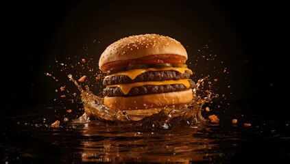 Delicious Cheeseburger Splash with Dynamic Golden Liquid and Dark Background