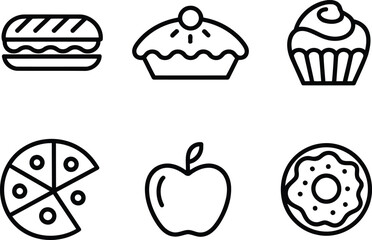 A Delicious Assortment of Treats Black and White Line Art Featuring Sandwich Pie Muffin Pizza Apple and Donut for Foodie Lovers
