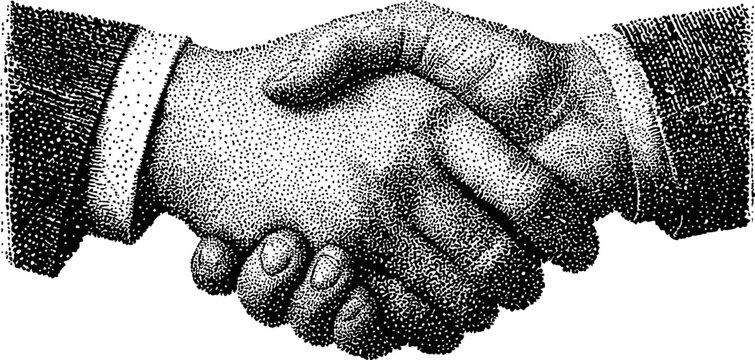 Classic black and white handshake with detailed stippling effect. Vector illustration