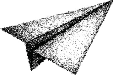 Black and white stippled paper airplane illustration on white background. Vector illustration