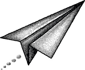 Stylized monochrome paper airplane with dotted texture, black and white design. Vector illustration