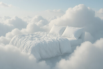 A bed floating in fluffy white clouds, perfect for inspirational posters, meditation visuals, dreamy website headers, wellness blogs, relaxation apps, or calming digital art prints