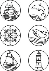 Nautical Icons Set Featuring a Ship, Dolphin, Whale, Steering Wheel, Sailing Boat, and Lighthouse Graphic Illustrations Nautical Theme Artwork