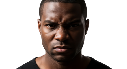 Intense closeup portrait of a sweaty man with an angry expression, isolated on transparent background facial expressions, human feelings