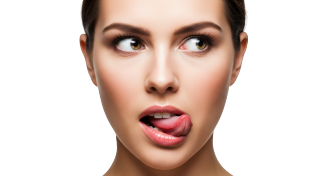 Closeup portrait of a young woman licking her lips and looking to the side, isolated on transparent background facial expressions, human feelings