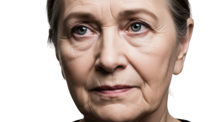 Closeup portrait of an elderly woman with wrinkles, looking thoughtfully to the side, isolated on transparent background facial expressions, human feelings