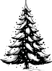 Black and white illustration of a snowy christmas tree with falling snowflakes. Vector sketch illustration
