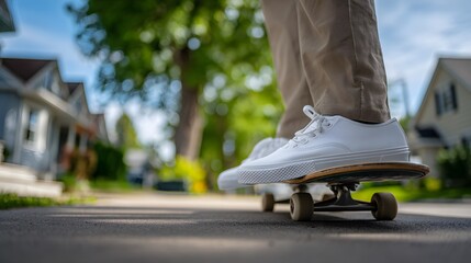 Low-angle shot of white sneakers on skateboard in residential area