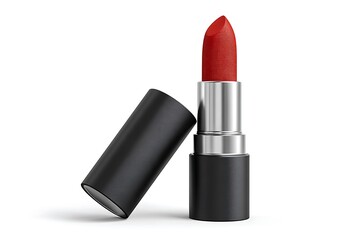 Obraz premium Bold vibrant red lipstick with sleek modern black casing ready for glamorous application and beauty transformations