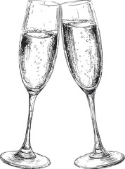 Two champagne glasses clinking in a detailed line drawing sketch style. Vector illustration