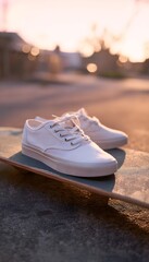 Naklejka premium Close-up white canvas sneakers on skateboard