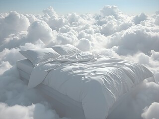A bed floating in fluffy white clouds, perfect for inspirational posters, meditation visuals, dreamy website headers, wellness blogs, relaxation apps, or calming digital art prints