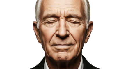 Elderly man with eyes closed, deep in thought or meditation, isolated on transparent background facial expressions, human feelings