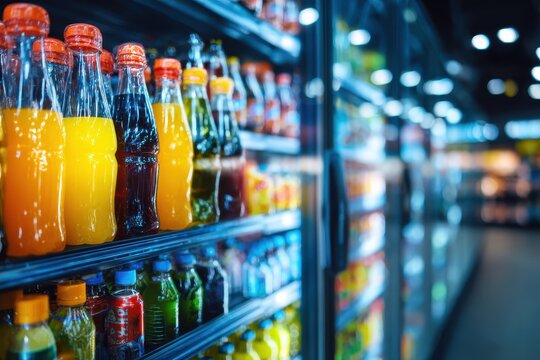 Chilled Beverage Display: Soft Drink Coolers in Supermarket Setting with Blurred Commercial Background