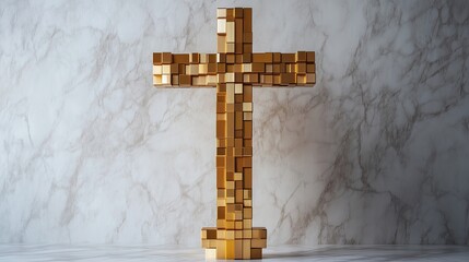 Modern Religious Monument - Golden Geometric Cube Cross on Marble Background - Modern Religious Art A surreal modern city skyline with glowing religious symbolism, dramatic architecture, spirituality,