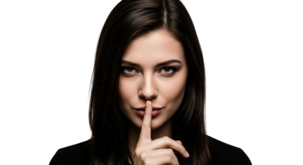 Woman making a shushing gesture with her finger to her lips, isolated on transparent background facial expressions, human feelings