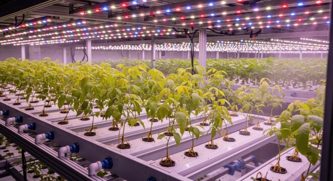 Medium shot showing rows of soilless nut plants growing under LED grow lights in a climatecontrolled hydroponic setup.