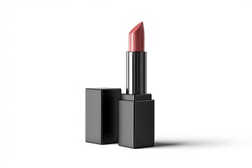 Obraz premium Elegant rose gold lipstick with sleek black casing presented on a clean white background, perfect for beauty advertising and cosmetic promotions.