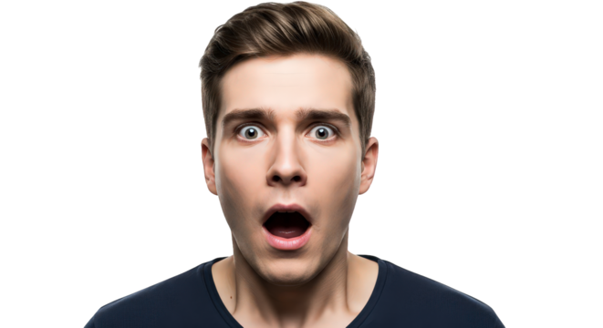 Man with wide eyes and open mouth in shock, isolated on transparent background facial expressions, human feelings