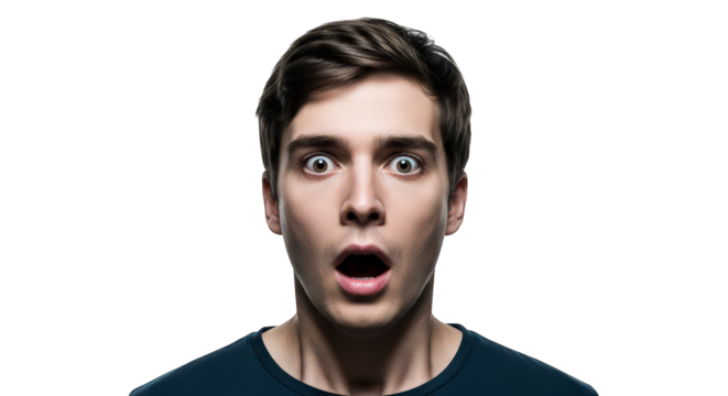 Young man with wide eyes and open mouth in shock, isolated on transparent background facial expressions, human feelings