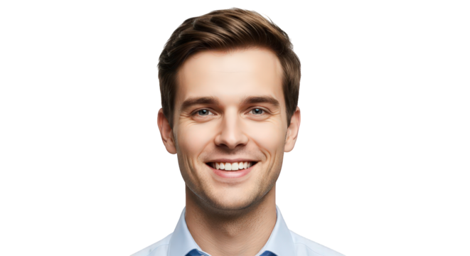 Young man smiling and looking at the camera, isolated on transparent background facial expressions, human feelings