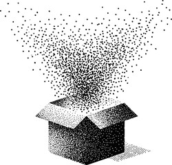 A monochrome dot illustration of particles emerging from an open box. Vector illustration
