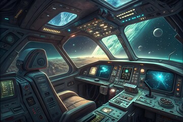Futuristic spaceship cockpit with stunning view of a distant planet and stars