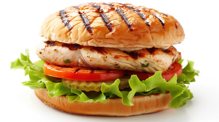 Grilled Chicken Burger Delight: A mouthwatering close-up showcases a freshly grilled chicken burger, nestled in a toasted bun with crisp lettuce, ripe tomato, and a pickle.