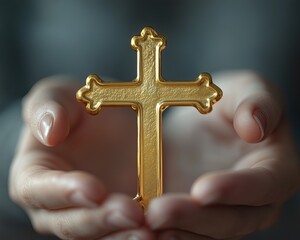Modern Religious Monument - Hands Holding a Golden Cross Symbolizing Faith and Spirituality A surreal modern city skyline with glowing religious symbolism, dramatic architecture, spirituality, hope, f