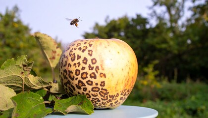 A leopard-print apple with a bee in flight