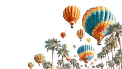 Colorful hot air balloons over palm trees
