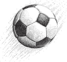 Detailed ink illustration of a soccer ball with dynamic motion lines. Vector illustration