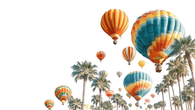 Colorful hot air balloons over palm trees