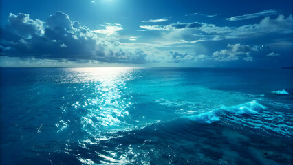 Obraz premium Deep blue ocean waves under a cloudy sky with bright sun reflection full hd 4k stock image download water