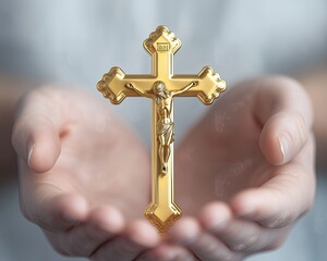 Golden Crucifix Futuristic Symbol - Golden Crucifix in Outstretched Hands Depicting Faith and Devotion A surreal modern city skyline with glowing religious symbolism, dramatic architecture, spirituali