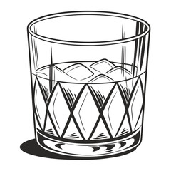 Stylized black and white illustration of a whiskey glass filled with ice cubes and liquid